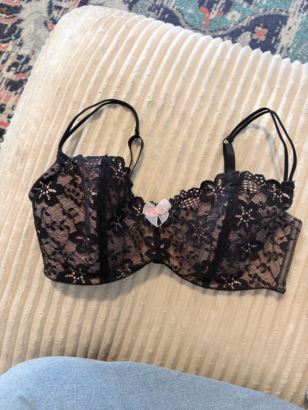 Black Floral Lace Underwire Bra with Pink Bow Accent